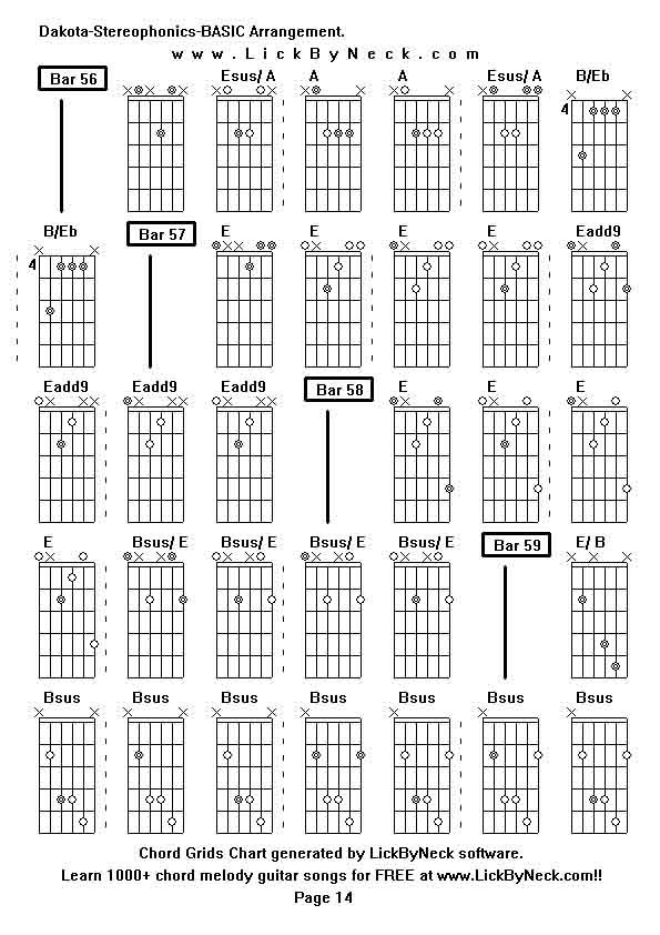 Chord Grids Chart of chord melody fingerstyle guitar song-Dakota-Stereophonics-BASIC Arrangement,generated by LickByNeck software.